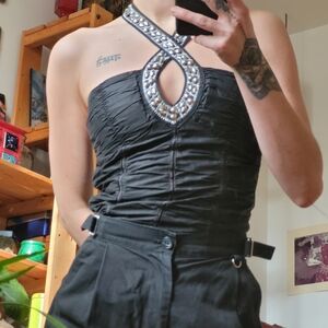 Oh Yes Vintage Y2k Elegant Black Halter Silver Beaded Tank Top - S